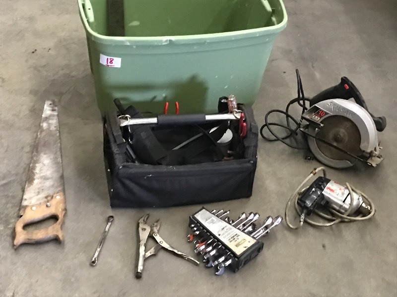 lot 18 image: Tote Of Assorted Tool Tote Bag Wit...