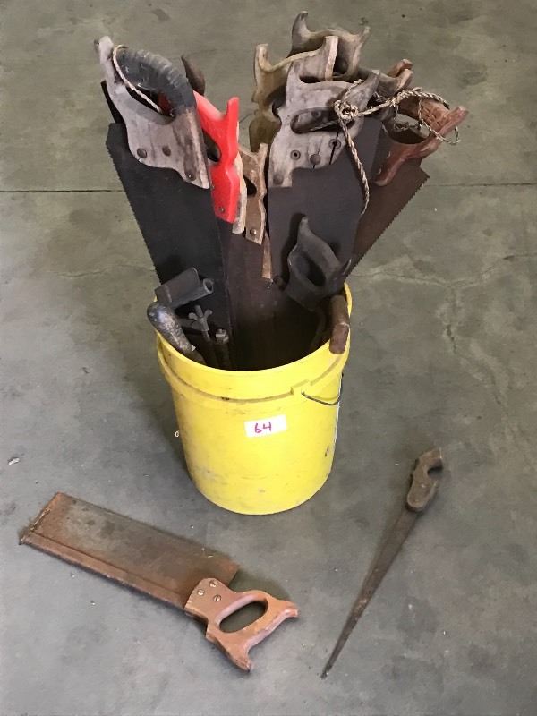 lot 64 image: Bucket Full Of Assorted Hand Saws ...