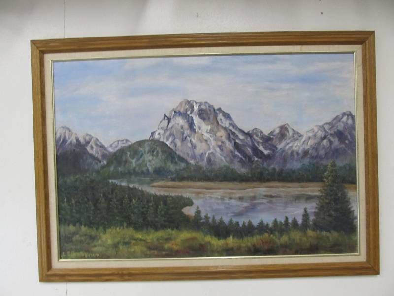 lot 36 image: Large Vintage Signed Impressionist Mountain Landscape Painting