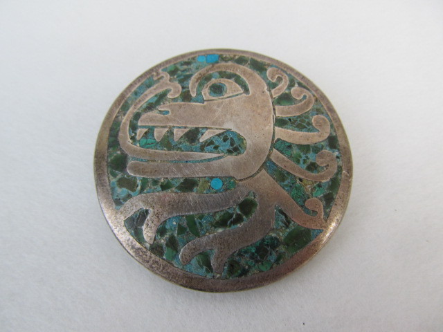 lot 65 image: Old Vintage Signed TAXCO Sterling Silver Inlaid PendantBrooch