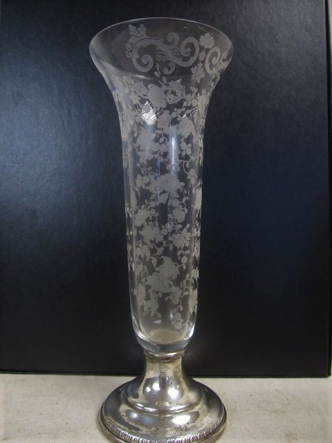 lot 82 image: Antique Signed Sterling Silver Etched Crystal Vase
