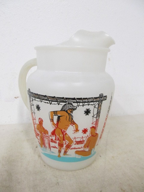 lot 160 image: Vintage BONDED OIL CO. Frosted Glass Pitcher - Native American Graphics