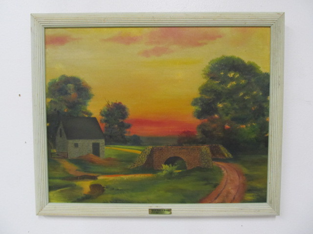 lot 173 image: Vintage Sunset at The Farm Original Oil Painting