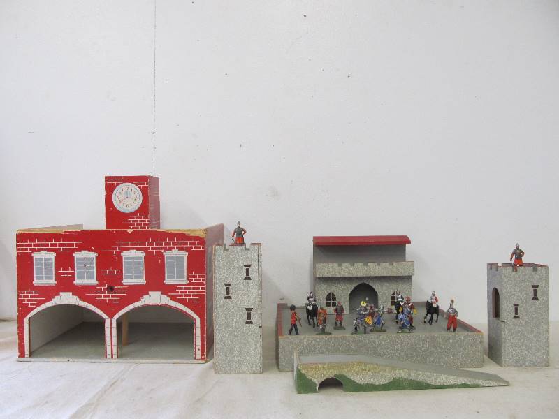 lot 193 image: Vintage Hand Made Wooden Castle & Building wLead Soldiers