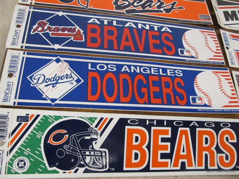 lot 120 image: Large Lot of NOS Vintage Wincraft Sports Team Bumper Stickers & Buttons