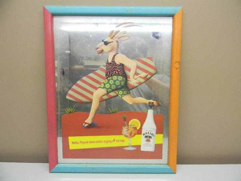 lot 39 image: RARE - VINTAGE IMPORTED MALIBU RUM BAR SIGNMIRROR - APPROX 16 BY 20 - SEE PICTURES