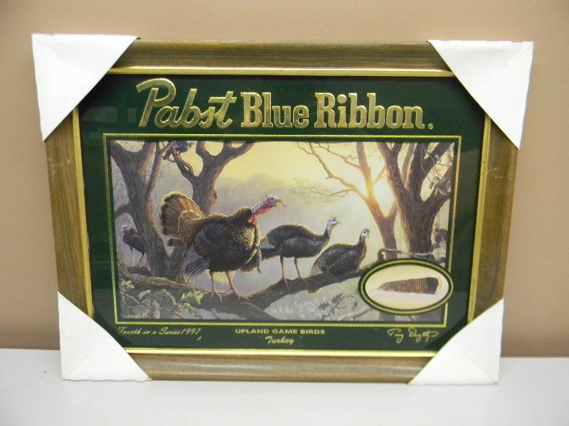 lot 17 image: VINTAGE 1997 PABST BLUE RIBBON BEER FOURTH IN A SERIES (COMPLETE SET LOT 14-18) UPLAND GAME BIRD SERIES - TURKEY - APPROX 21 BY 16 - SEE PICTURES