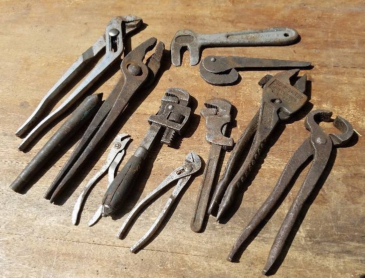 lot 83 image: Mix lot of vintage Pliers Adjustable Wrenchs & Swipe wrench