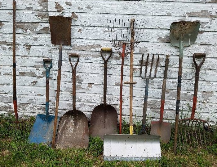 lot 180 image: Large lot of mixed lawn and garden tools Hay Potato forks Rake and shovels