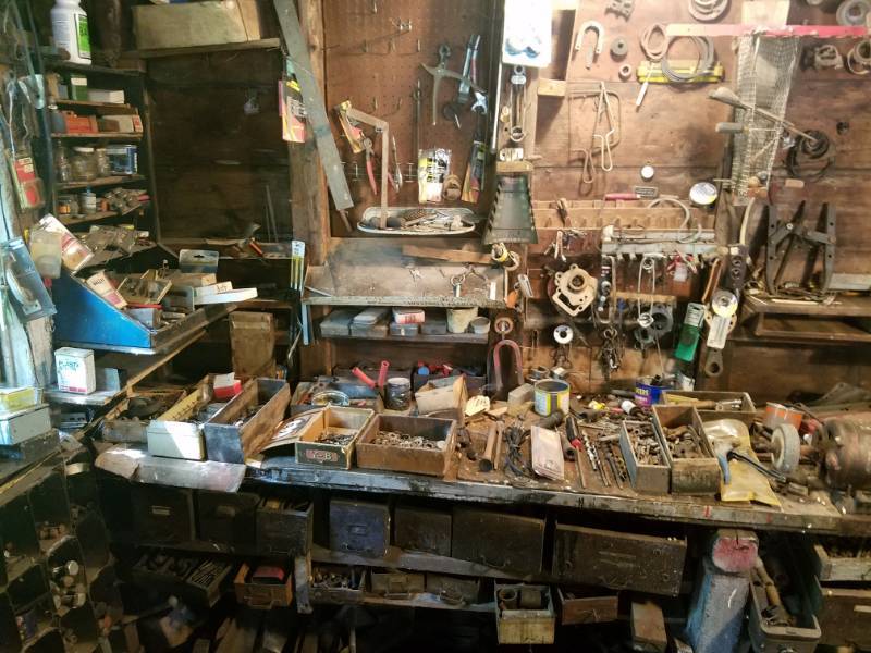lot 235 image: Contents of Bench & Wall Bolts, Nuts, Grinder, & Parts