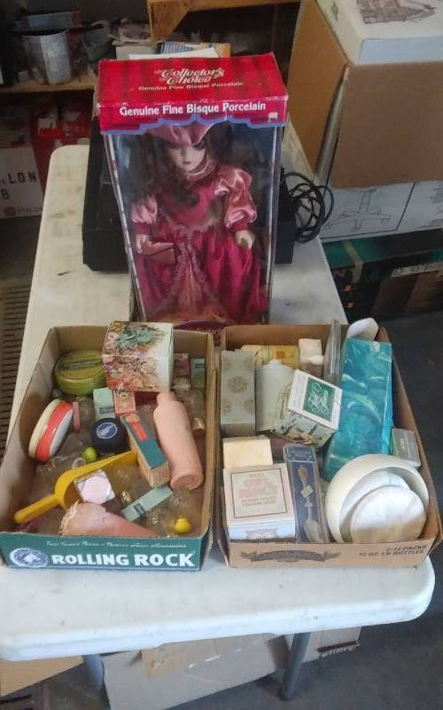 lot 44 image: Avon Collectibles & Porcelain Doll With Box