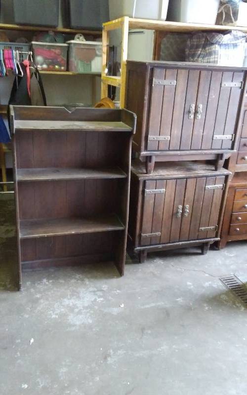 lot 13 image: Pair Of Wood Plank Style 2-Door Cabinets With Hammered Hardware 30x19x30, 1-Bookshelf 30x10x48
