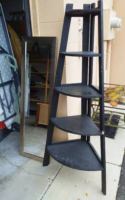 lot 18 image: Black Corner Shelf 63x19, Full Length Mirror 54x16