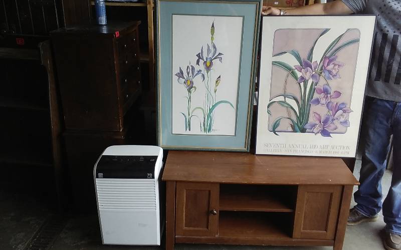 lot 16 image: TV Stand 43x17x21, Cabinet , 2 Floral Paintings 24x36, Kenmore Dehumidifier