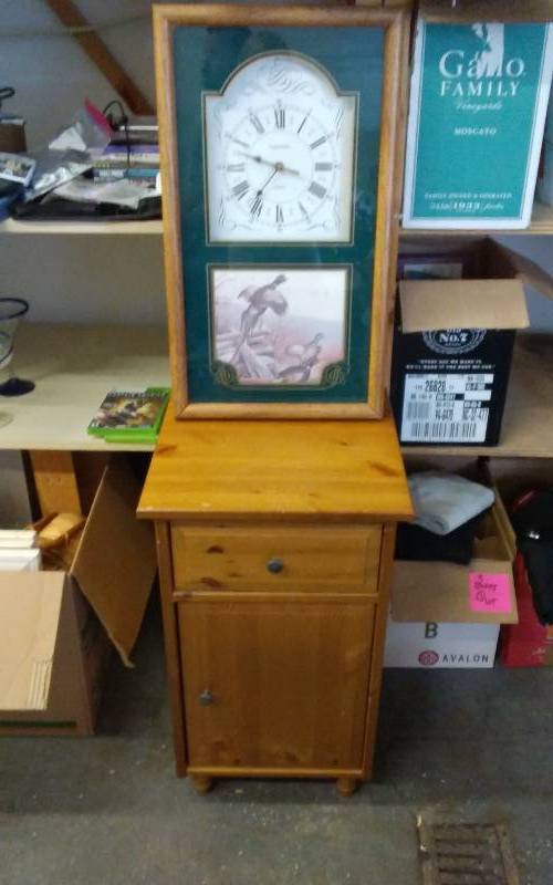 lot 21 image: Pheasant Wall Clock 14x24, Storage Cabinet 16x16x27