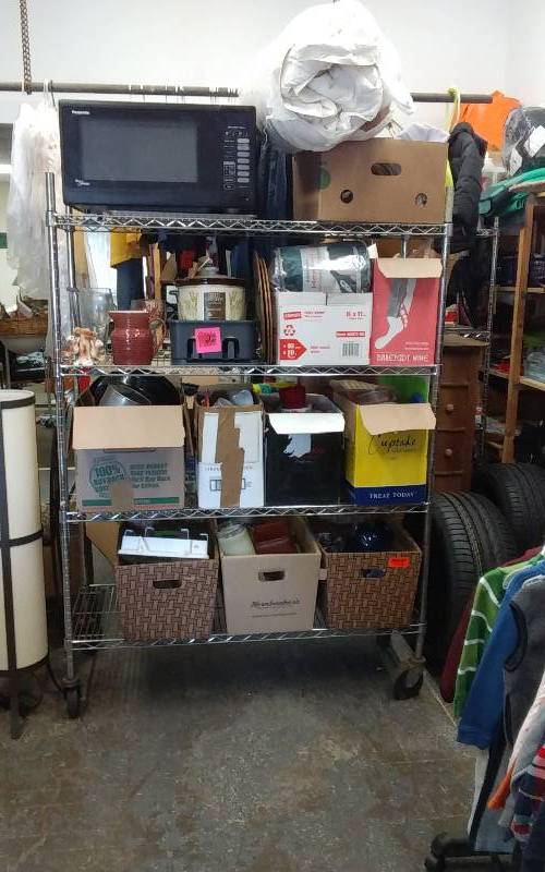 lot 22 image: Cart Load Of House Wares-Cookware, Kitchen Related, Dishes, Flatware, Bedding, Microwave