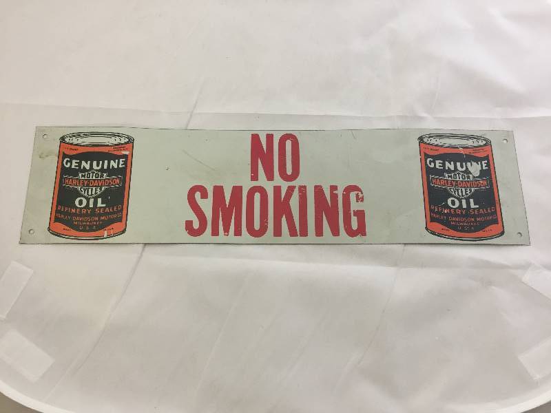 lot 26 image: Harley Davidson Oil No Smoking Tin Sign