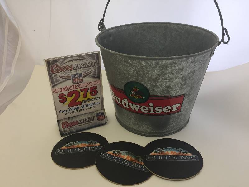 lot 46 image: Budweiser Pail, Coasters, Coors Light Sign