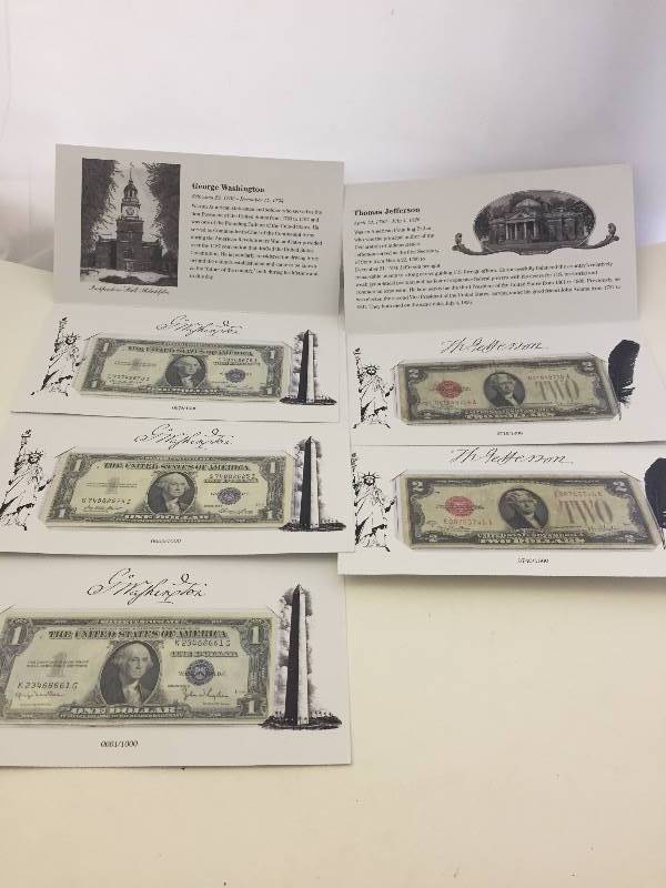 lot 11 image: $1 Silver Certificate Dollar Bills 1935 Currency in Folders - qty 3 - $2 Bills 1928 Qty 2