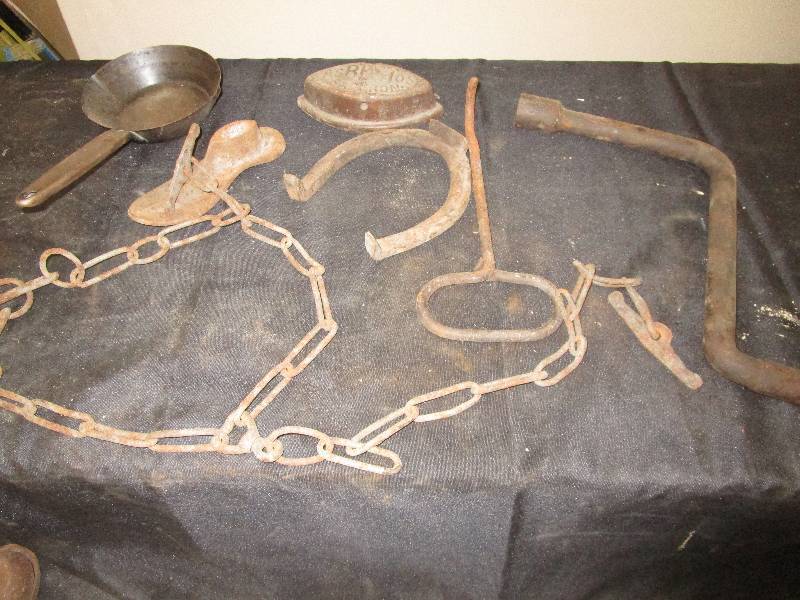 lot 17 image: Bale Hook, Shoe Horn, Old Iron, Cow Halter, Pan