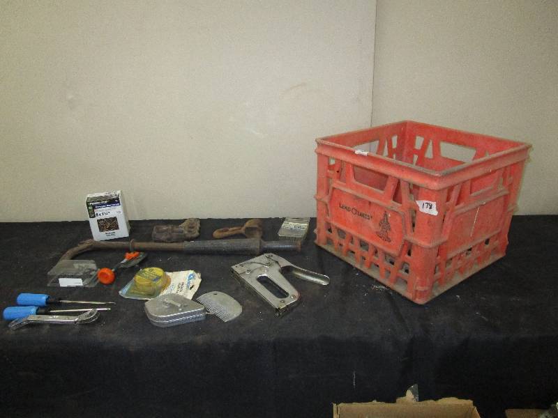 lot 23 image: Nail Puller, Pipe Cutter, Screws, Screwdrivers, Kastar Wrench, Stapler, Chalk Line, Milk Crate, and More