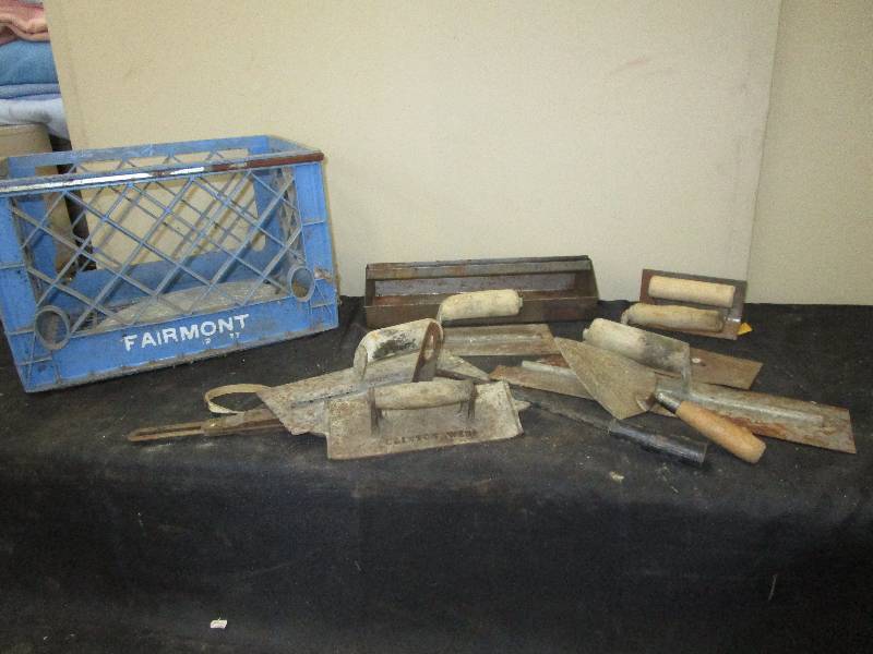 lot 24 image: Lots Of Cement Tools, Milk Crate, Various Items