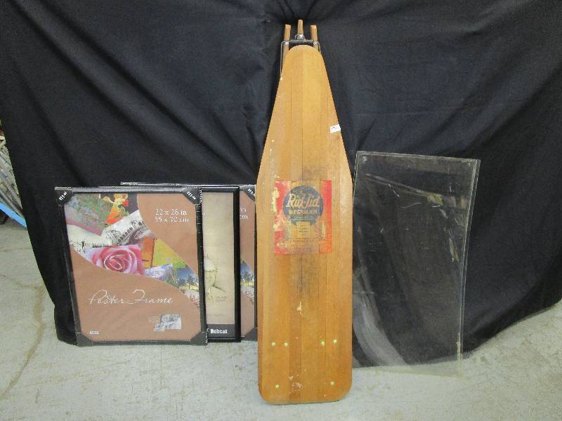 lot 32 image: Wooden Ironing Board, 2 Sheets of Plexy Glass 3ft x 20 12 and 3 Poster Frames