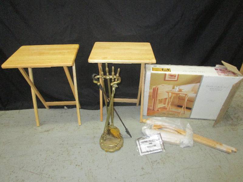 lot 38 image: 2 tv trays with stand and fireplace utinsils