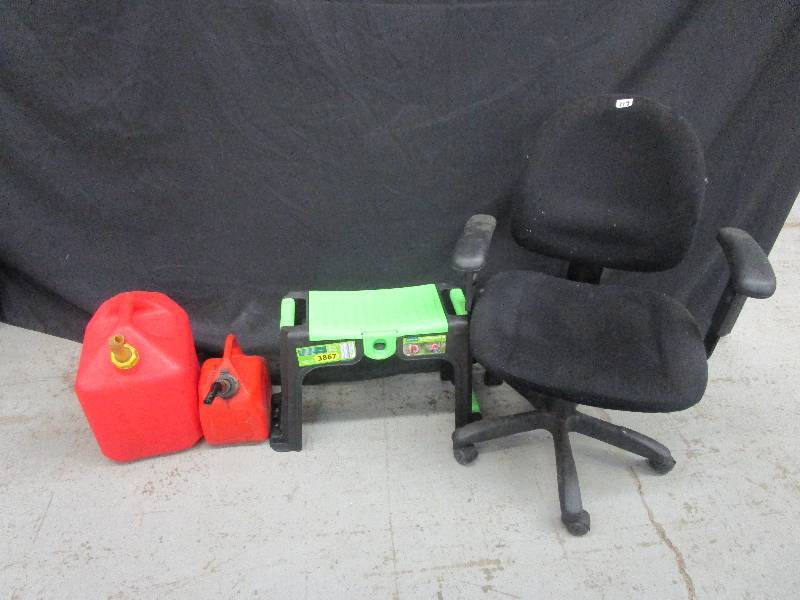 lot 61 image: office chair, office kneeler seat with storage and 2 gas cans small and medium