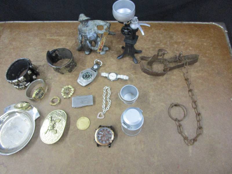 lot 118 image: Misc. Watches, Belt Buckle, Ash Trays, Bracelets, Necklaces and a trap