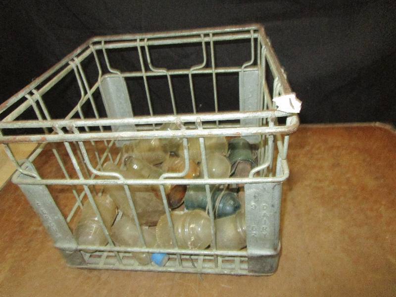 lot 126 image: Fergus Dairy Metal Basket with Glass bottles and insulators