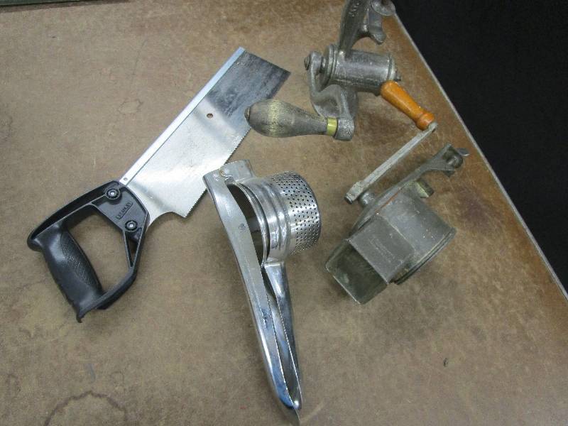 lot 136 image: Old Meat Grinder, Meat Grater, Saw
