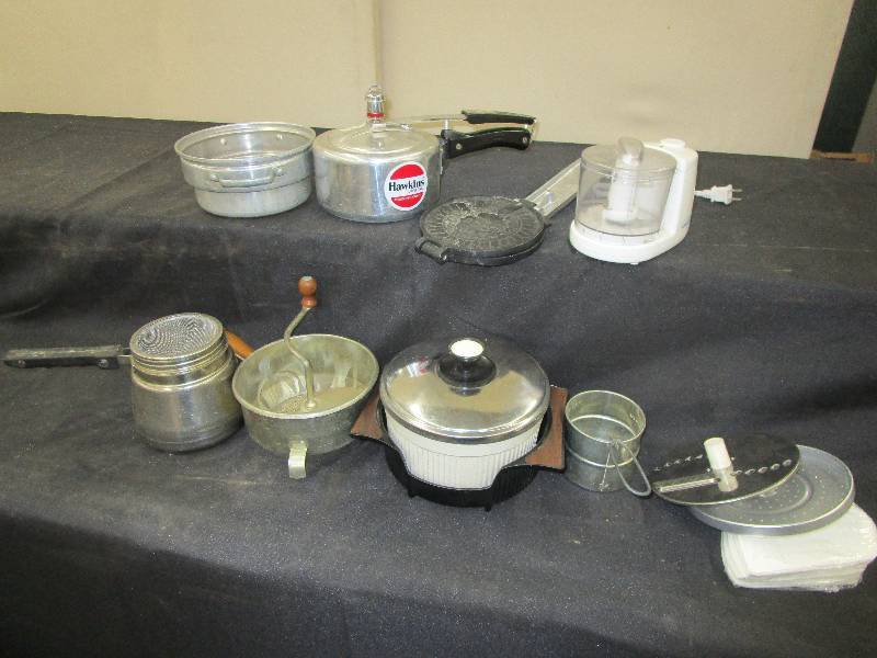 lot 149 image: Presser cooker, Tortia press, collander, sifter and more