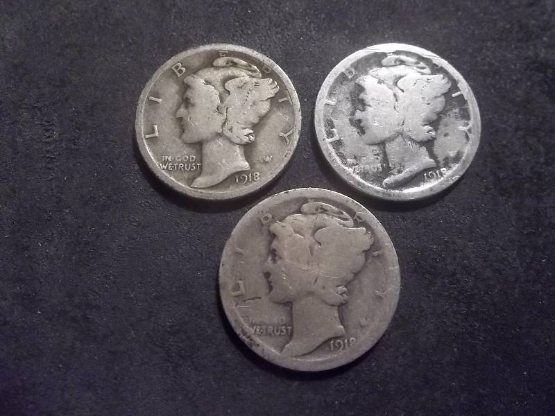 1918 P, D, S Mercury Dimes
