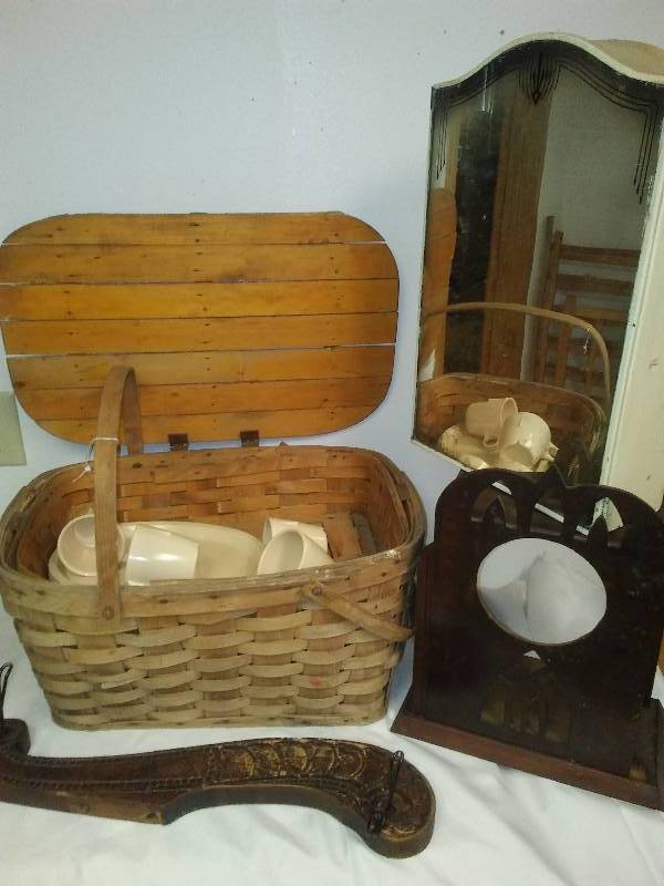 miscellaneous vintage picnic basket and dishes & more