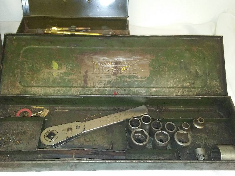 3 vintage wood and metal containers and Tools Plus Hardware sockets