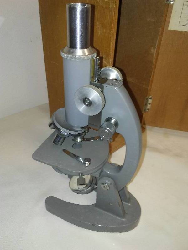 microscope in wood case, monolux number 6035