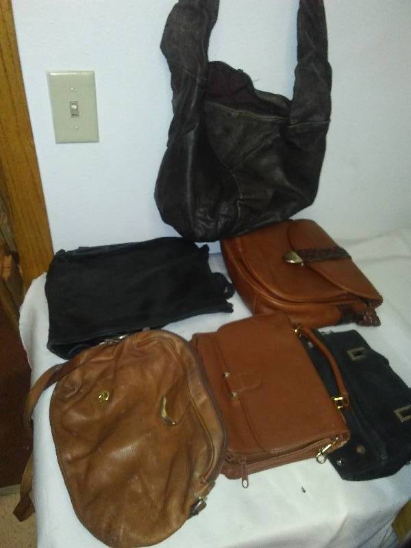5 leather purses, suitcase with more hand bags, pouches, bags