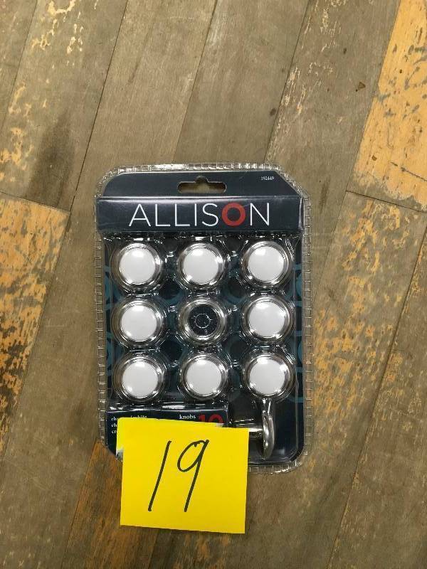 lot 19 image: Allison 10 pack (PK) Chrome & White cabinet knobs NEW