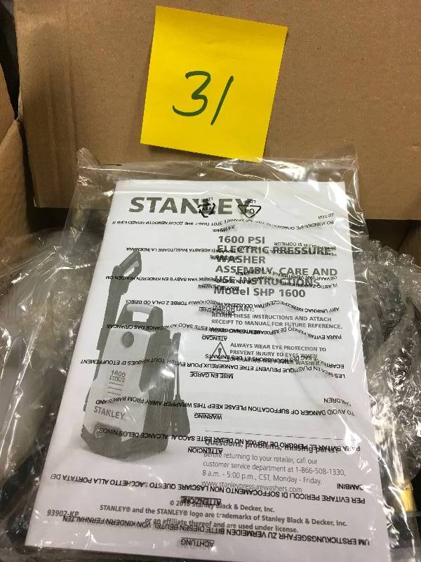 lot 31 image: Stanley Portable 1,600 PSI 1.3 GPM Electric Pressure Washer with 20 ft. Hose in working conditions