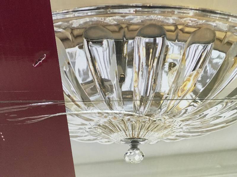 lot 34 image: Home Decorators Vintage Collection 15.75 in. 3-Light Chrome Flushmount with Glass Shade not used