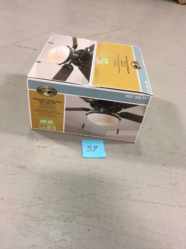 lot 39 image: HAMPTON BAY Universal Ceiling Fan LED Light Kit with Shatter Resistant Bowl in good conditions