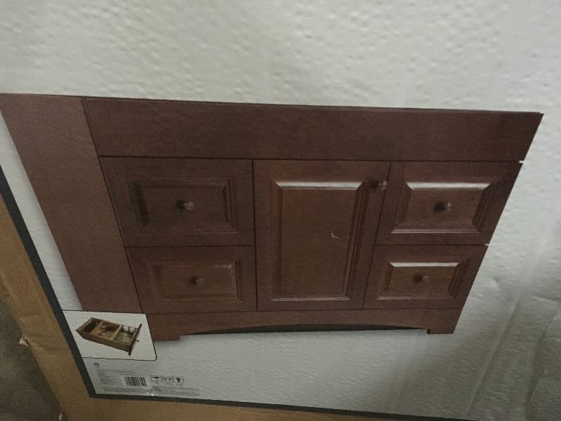 lot 52 image: Glacier Bay Regency 48 in. Vanity Cabinet Only in Auburn  open box not used