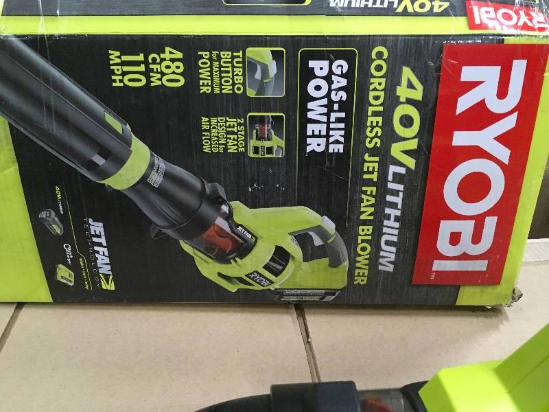 lot 53 image: RYOBI 110 MPH 480 CFM Variable-Speed 40-Volt Lithium-Ion Cordless Jet Fan Leaf Blower - 3.0 Ah Battery and Charger Included in good conditions