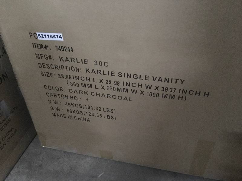 lot 66 image: Karlie 30 in. W x 22 in. D Bath Vanity in Dark Charcoal with Natural Marble Vanity Top in White not used