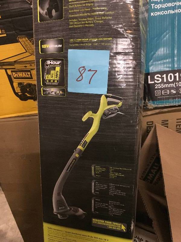 lot 87 image: RYOBI ONE 18-Volt Lithium-Ion Electric Cordless String Trimmer and Edger - 1.3 Ah Battery and Charger Included USED TESTED COMPLETE