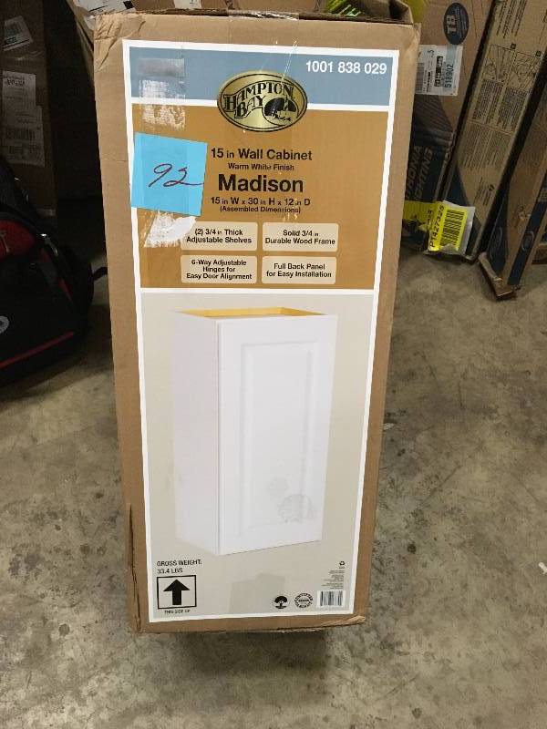lot 92 image: HAMPTON BAY Madison Assembled 15x30x12 in. Wall Cabinet in Warm White in good conditions