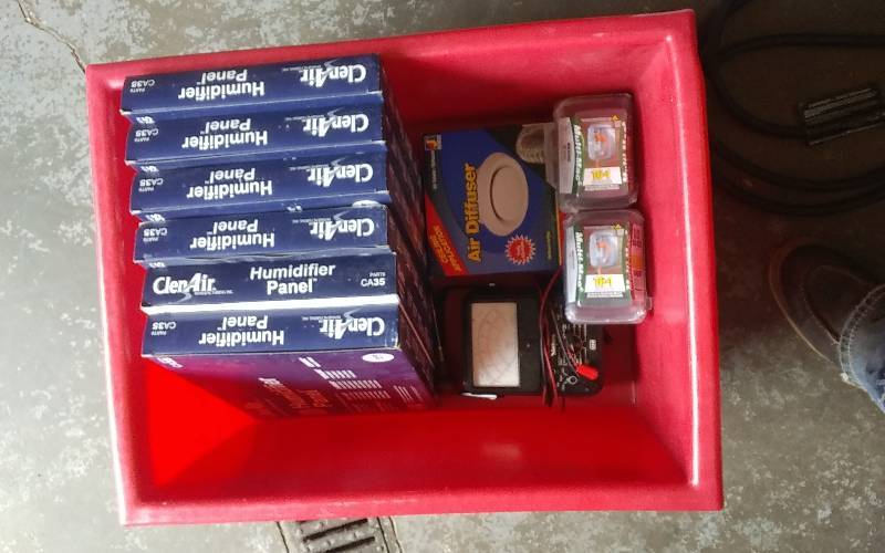 lot 42 image: Bin Of Humidifier Panels, Multi-Meter, Outdoor Power Boxes