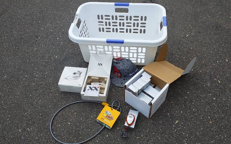 lot 53 image: New-Bike Chain Derailers, Bike Lock, Box-Of Stop Watches, Angry Birds Cap