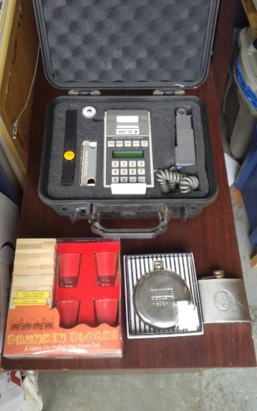 lot 55 image: Drunken Blocks Game, 2-Flasks, Intox-O-Meter